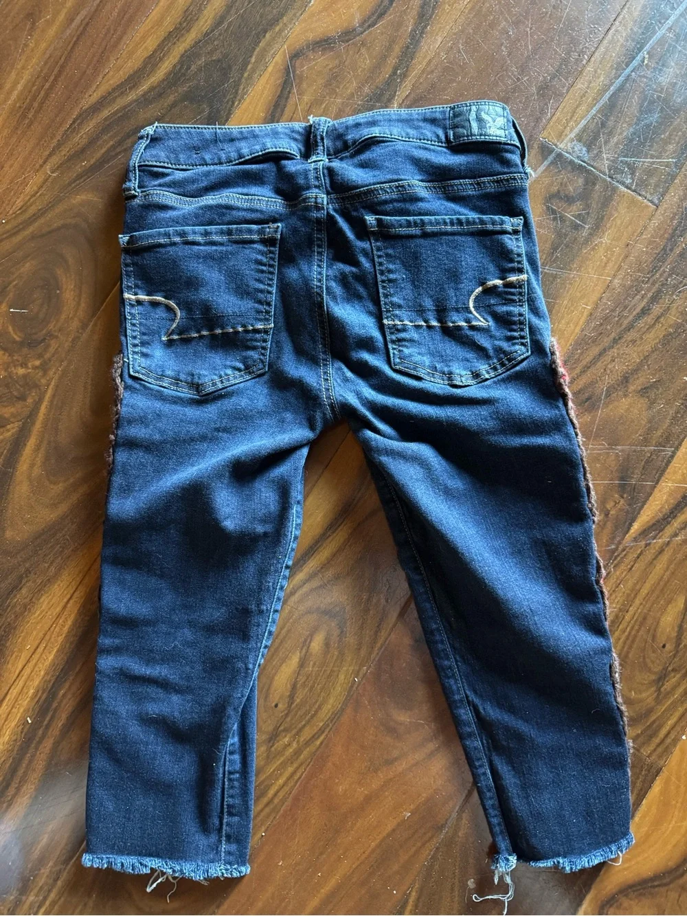 Upcycled dark wash capris with granny squares added - Picture 5 of 7